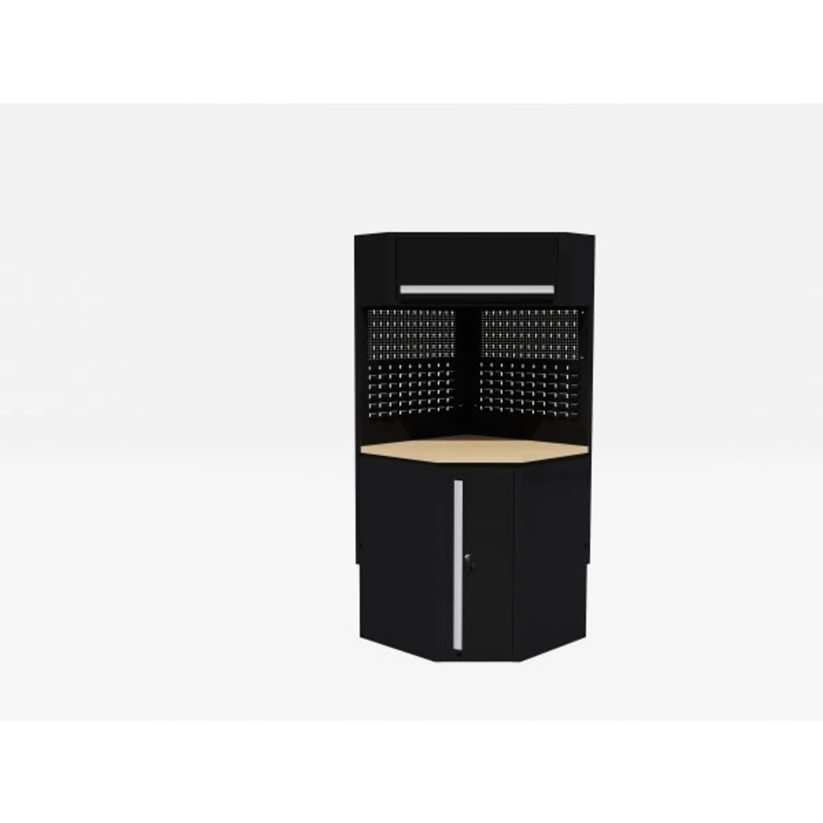 Svart och grå hörnmodul för garageförvaring med väggskåp och pegboards